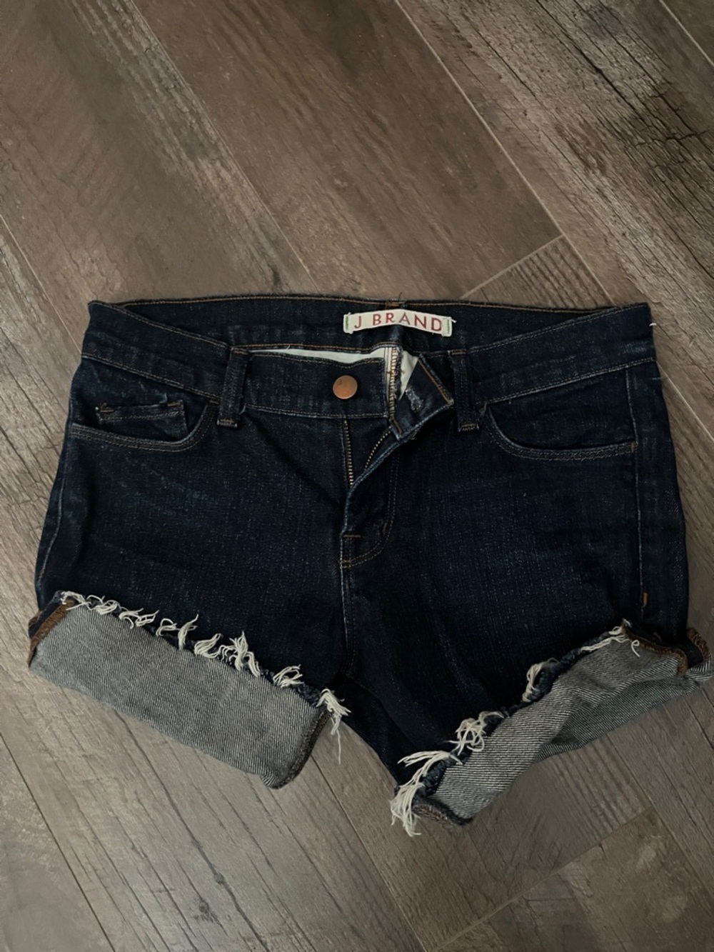 J Brand Dark Indigo Frayed Hem Denim Shorts